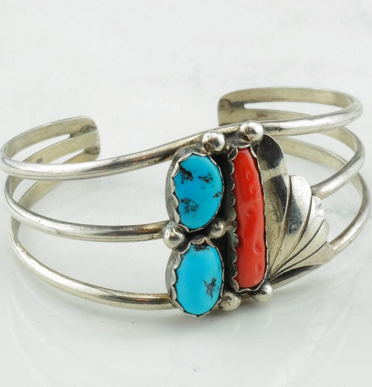 Native American Silver Cuff Bracelet Sterling Turquoise Coral