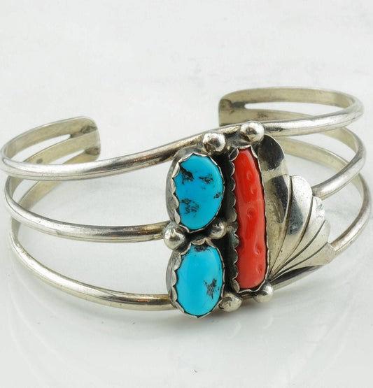 Native American Silver Cuff Bracelet Sterling Turquoise Coral