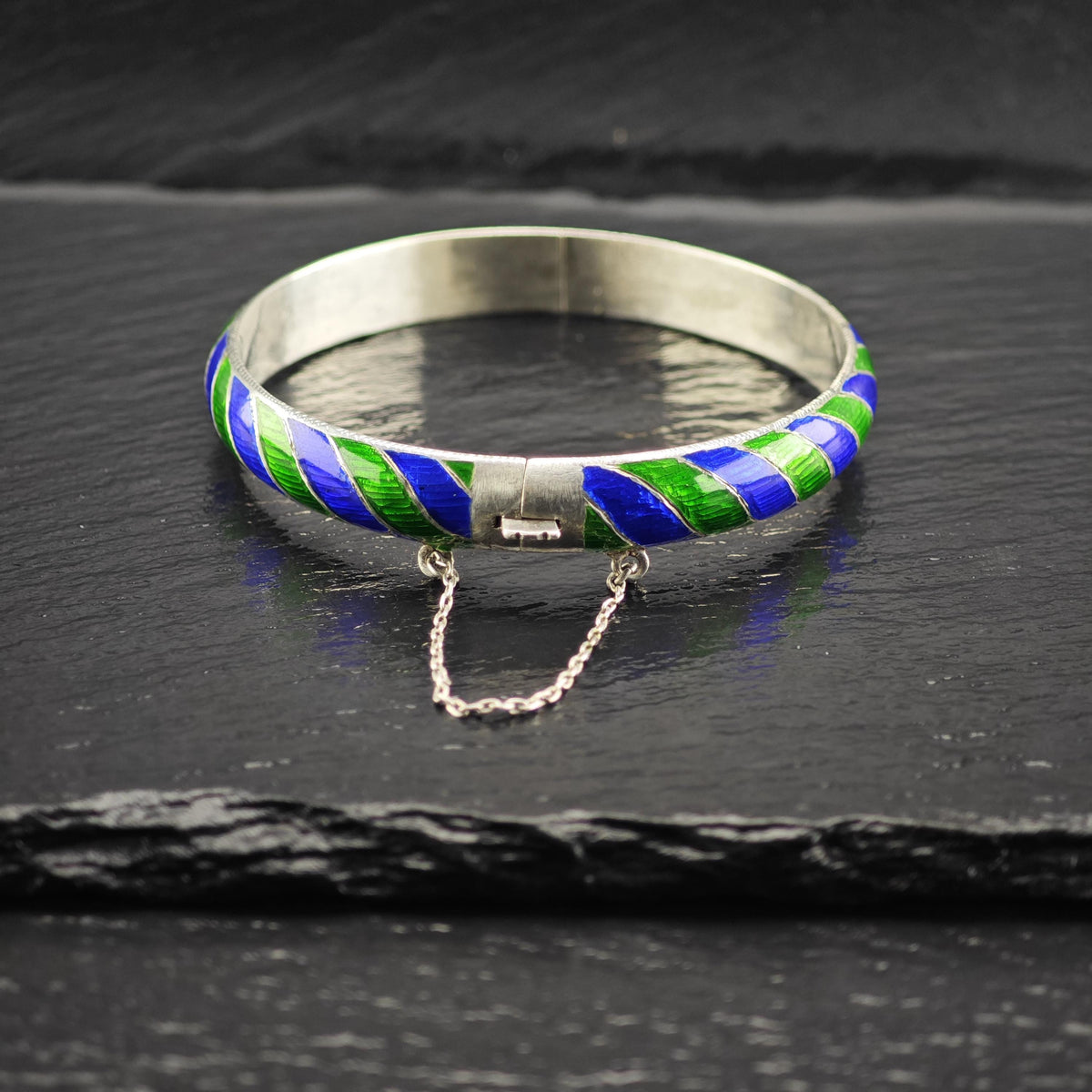 Blue, Green Striped Enamel Sterling Silver Bangle Bracelet Sz 7 1/4" BR3189