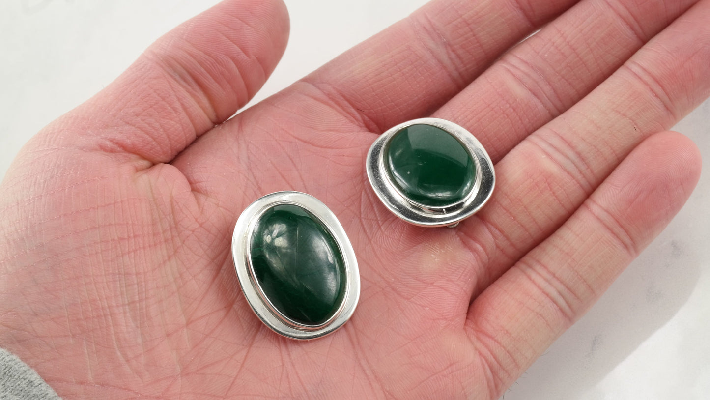 Modernist Sterling Silver Green Gemstone Oval Earrings Clip On