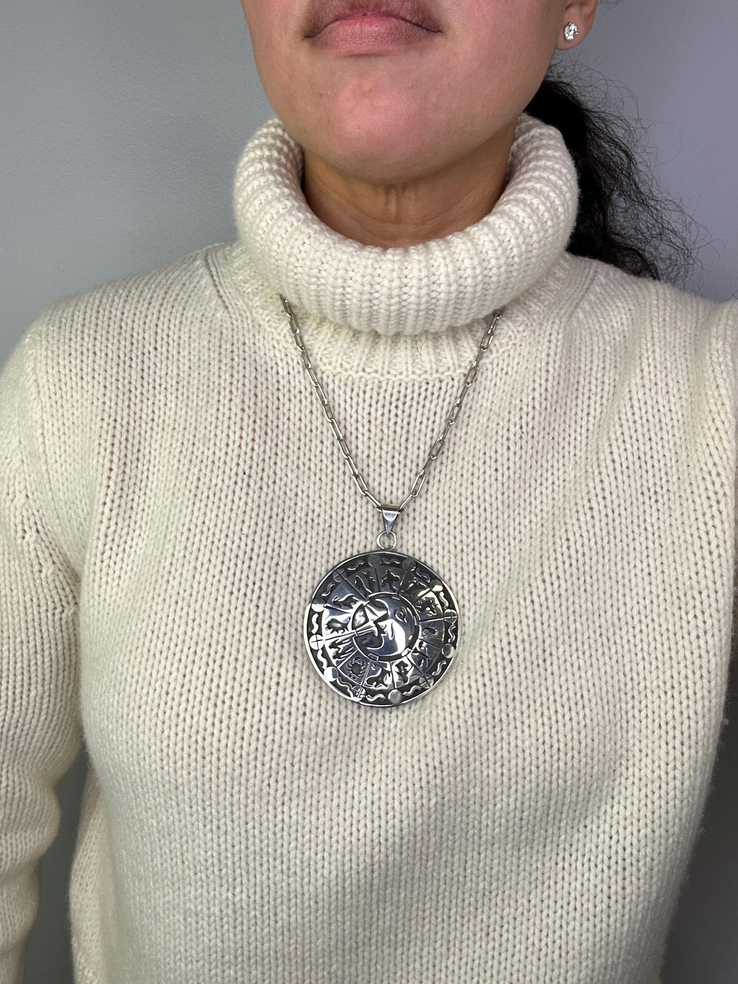 Taxco Zodiac Pendant Necklace, Sterling Silver, Large Round Pendant, Paperclip Chain, 1980s