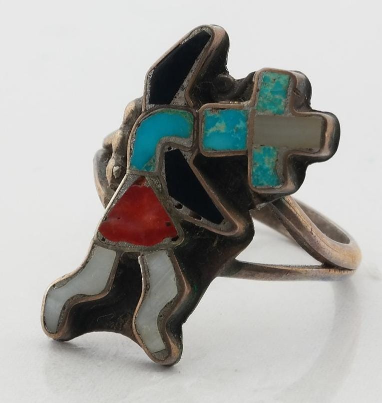 Native American Silver Ring Turquoise, Coral, Jet, MOP Inlay, Raindancer Sterling Size 5