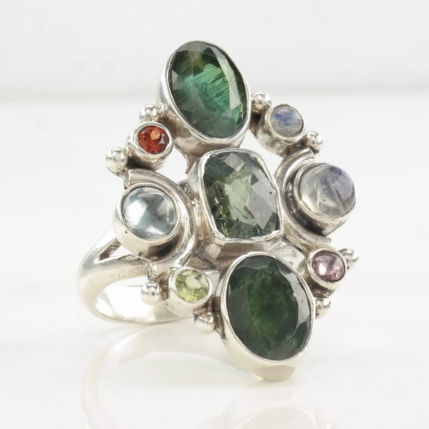 Sterling Silver Ring Green Diopside, Moonstone, Multi Gem Size 8