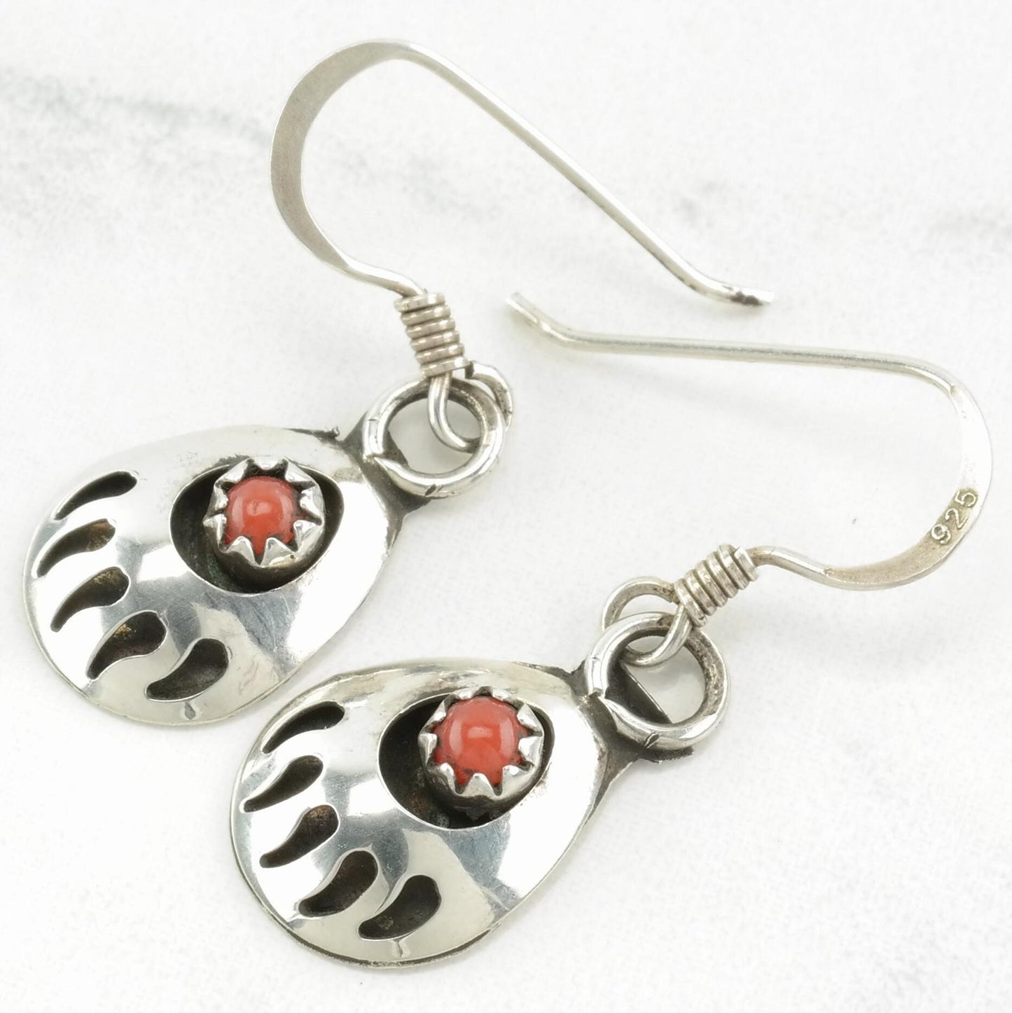 Native American Sterling Silver Coral Bear Paw Earrings Fish hook