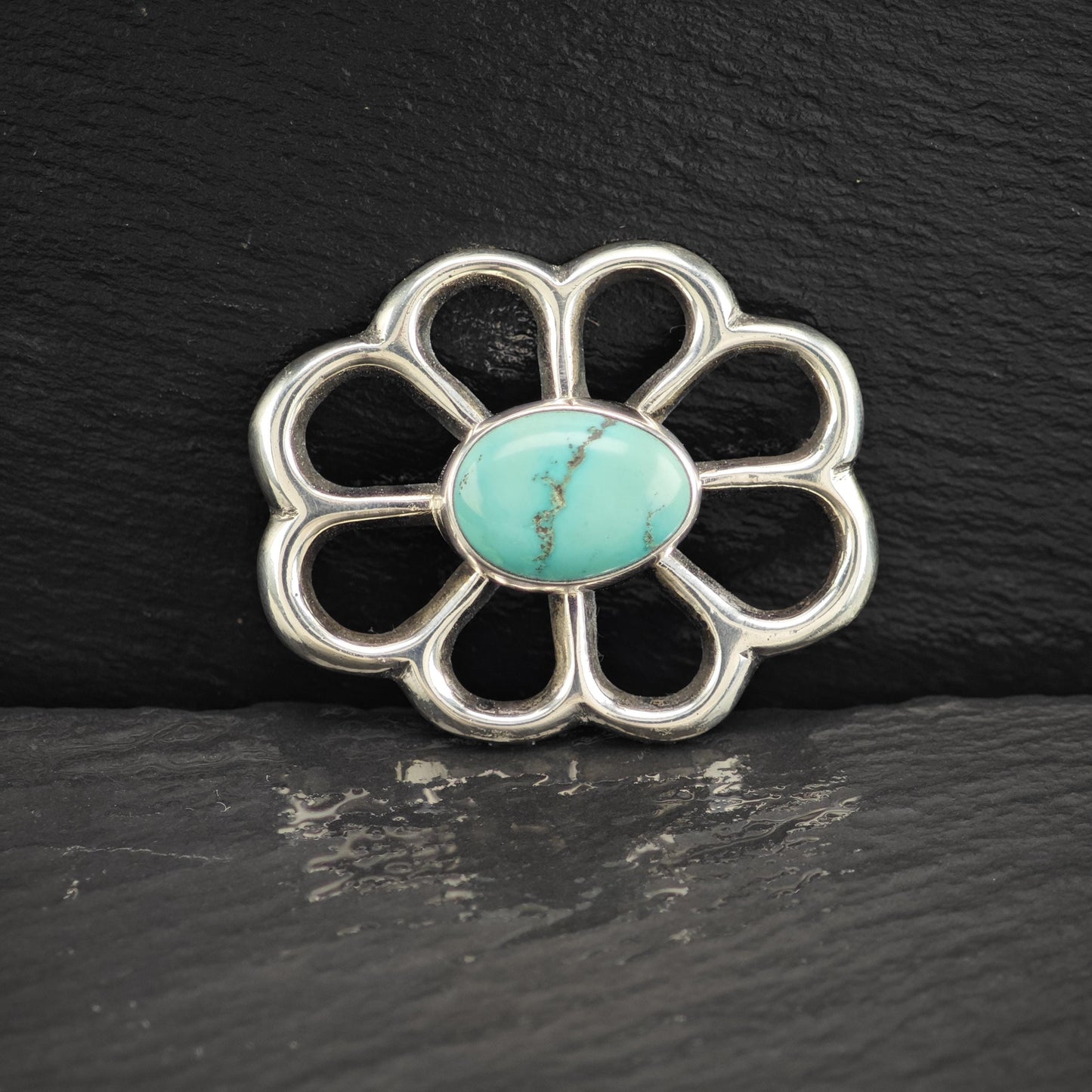 Southwest Sandcast, Blue Turquoise Brooch Sterling Silver
