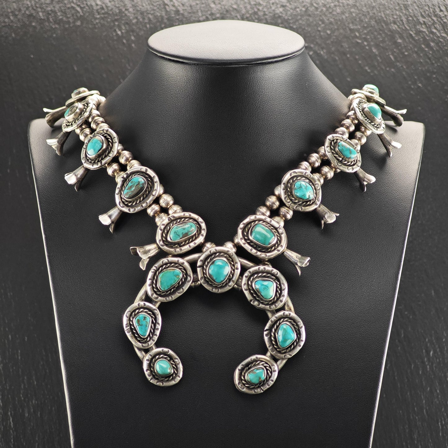 Squash Blossom Necklace with Blue Turquoise Stamped Native American Design Sterling Silver