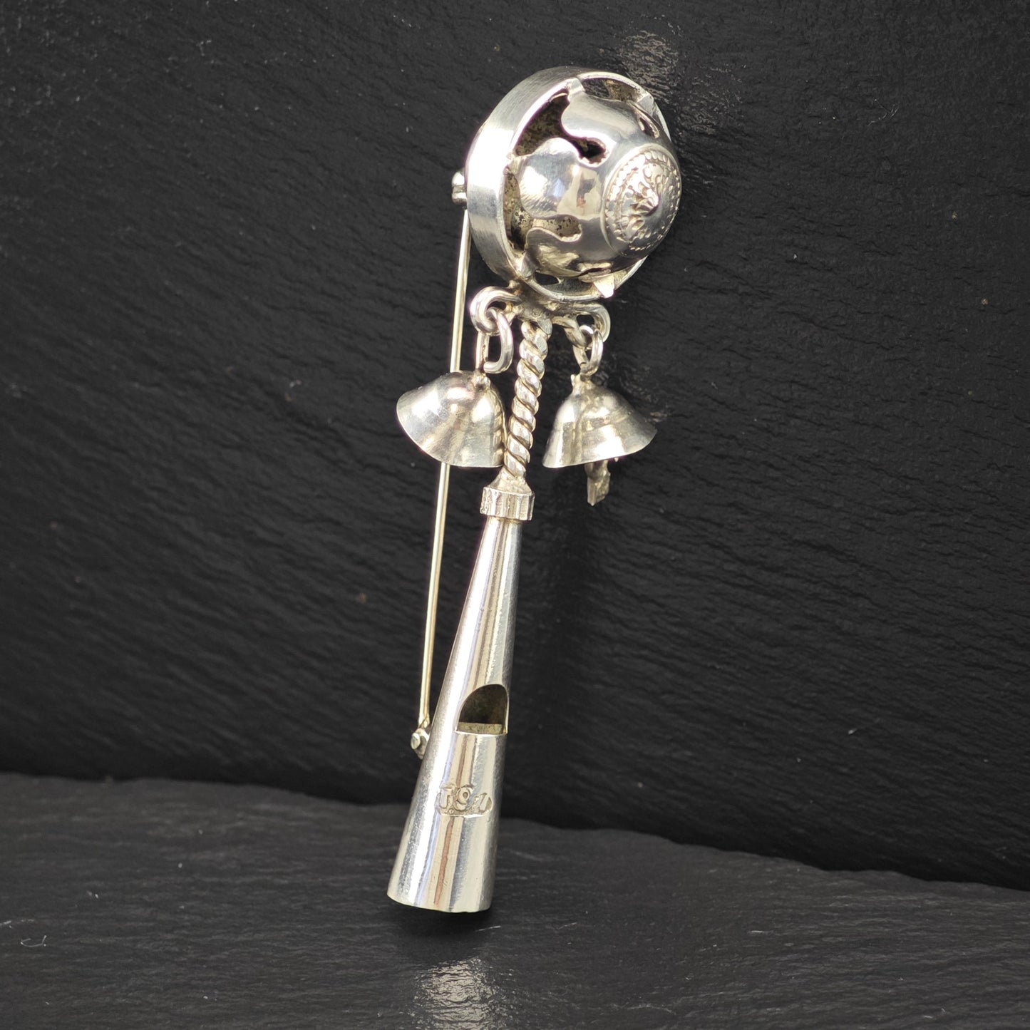 Vintage Old Sterling Silver Brooch Bells, Whistle