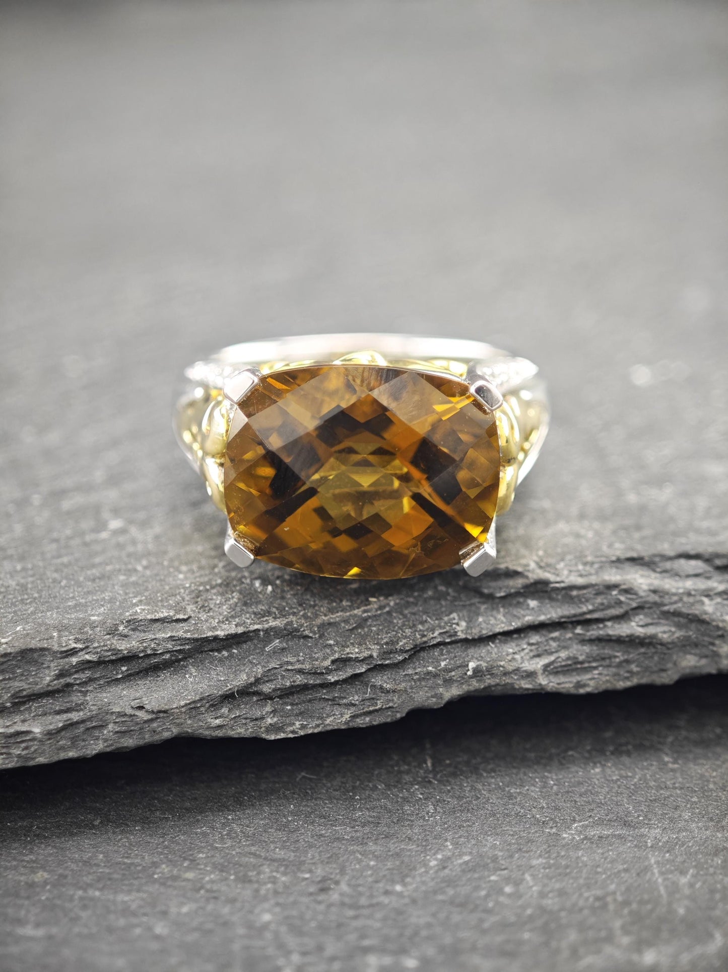 Duo Tone, Smoky Quartz & White Topaz Ring Sterling Silver