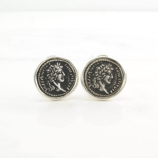 Vintage Sterling Silver Roman Coin Bust Earrings Omega back