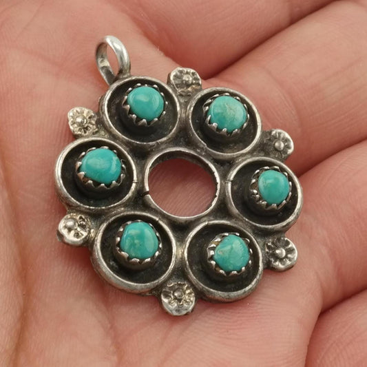 Vintage Native American Turquoise Pendant Floral Sterling Silver
