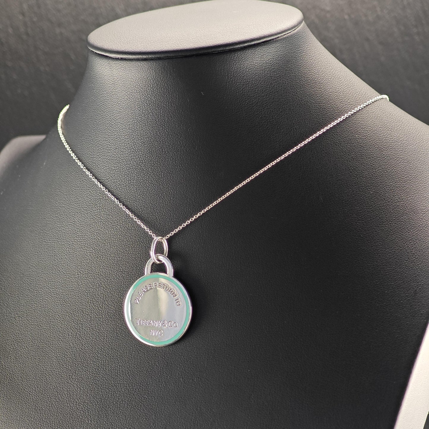 Vintage Tiffany Sterling Silver Teal Enamel Large Round Pendant Necklace N2569