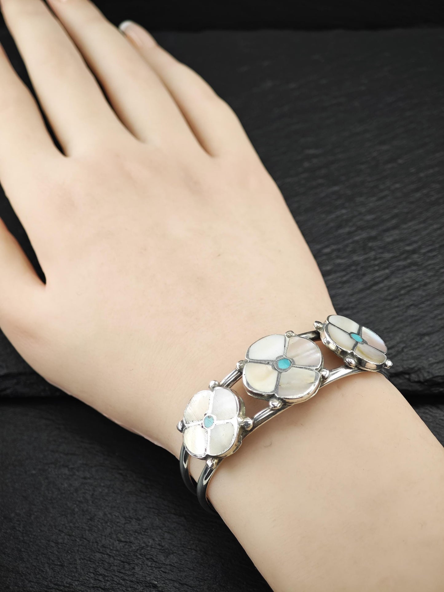 Zuni, Native American, Flower Inlay Cuff Bracelet Sterling Silver