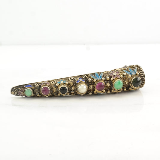 Vintage Chinese Export Sterling Silver Brooch Gold Toned, Filigree Pearl, Enamel, Garnet, Onyx