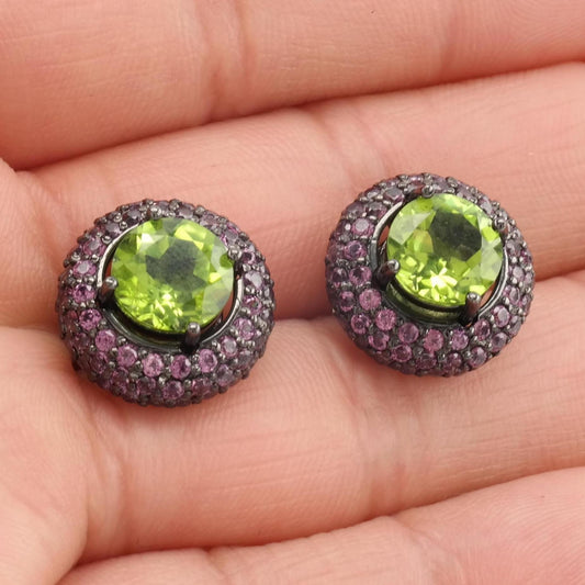 Vintage Oxidized Sterling Silver Stud Earrings Natural Peridot Garnet