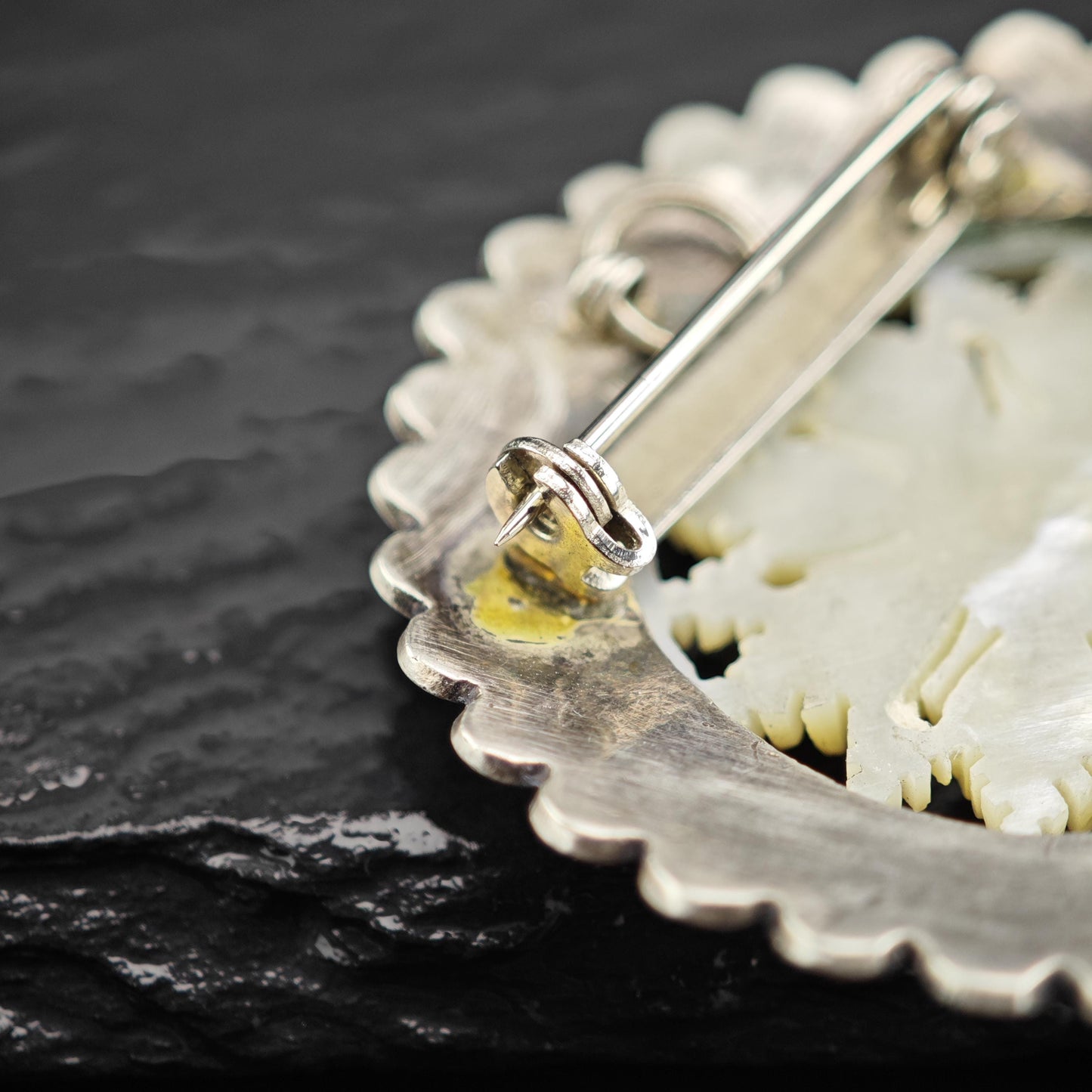 Jerusalem Snowflake, Carved MOP Brooch Pendant Sterling Silver
