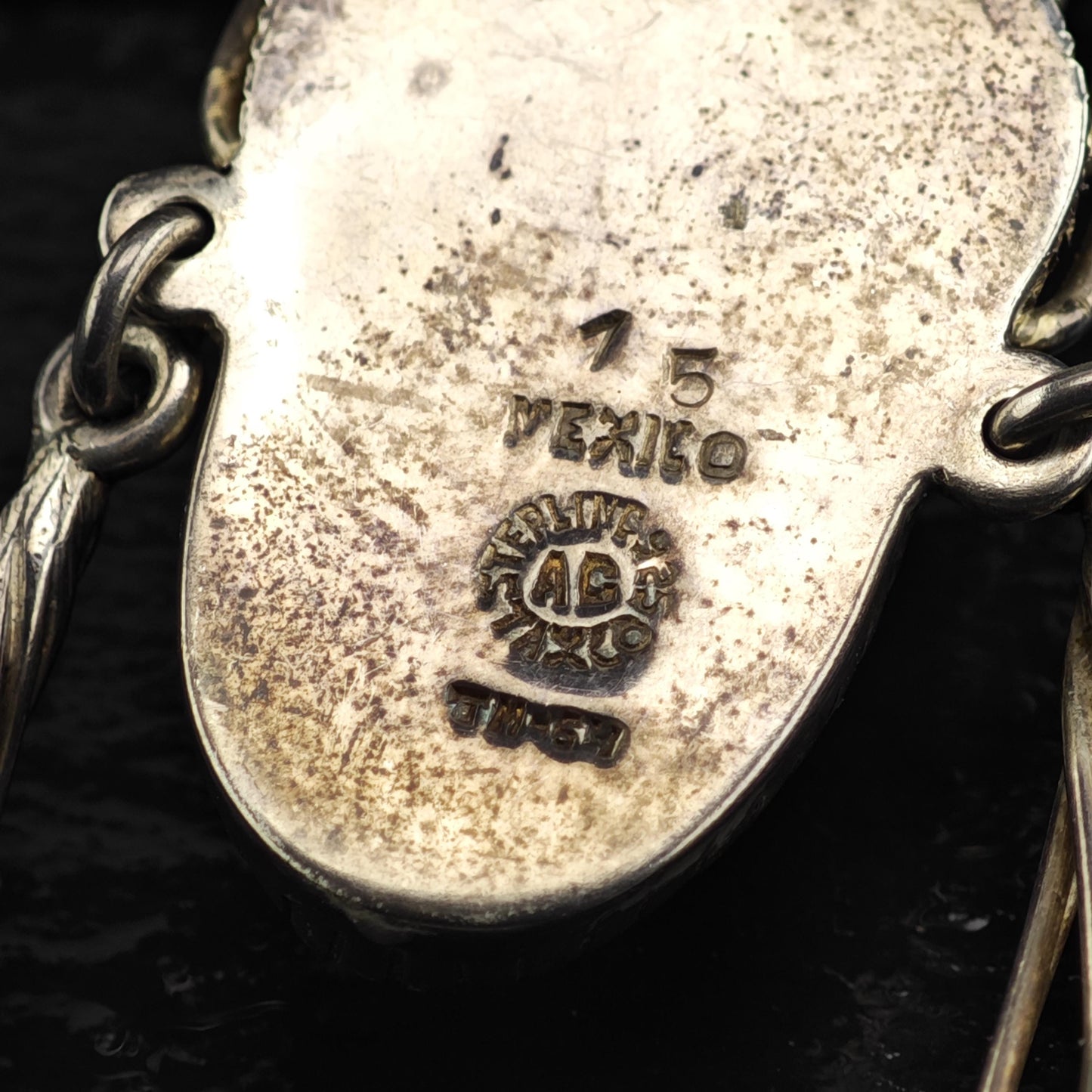 Taxco carved Tiger's Eye Aztec Warrior Pendant, Sterling Silver