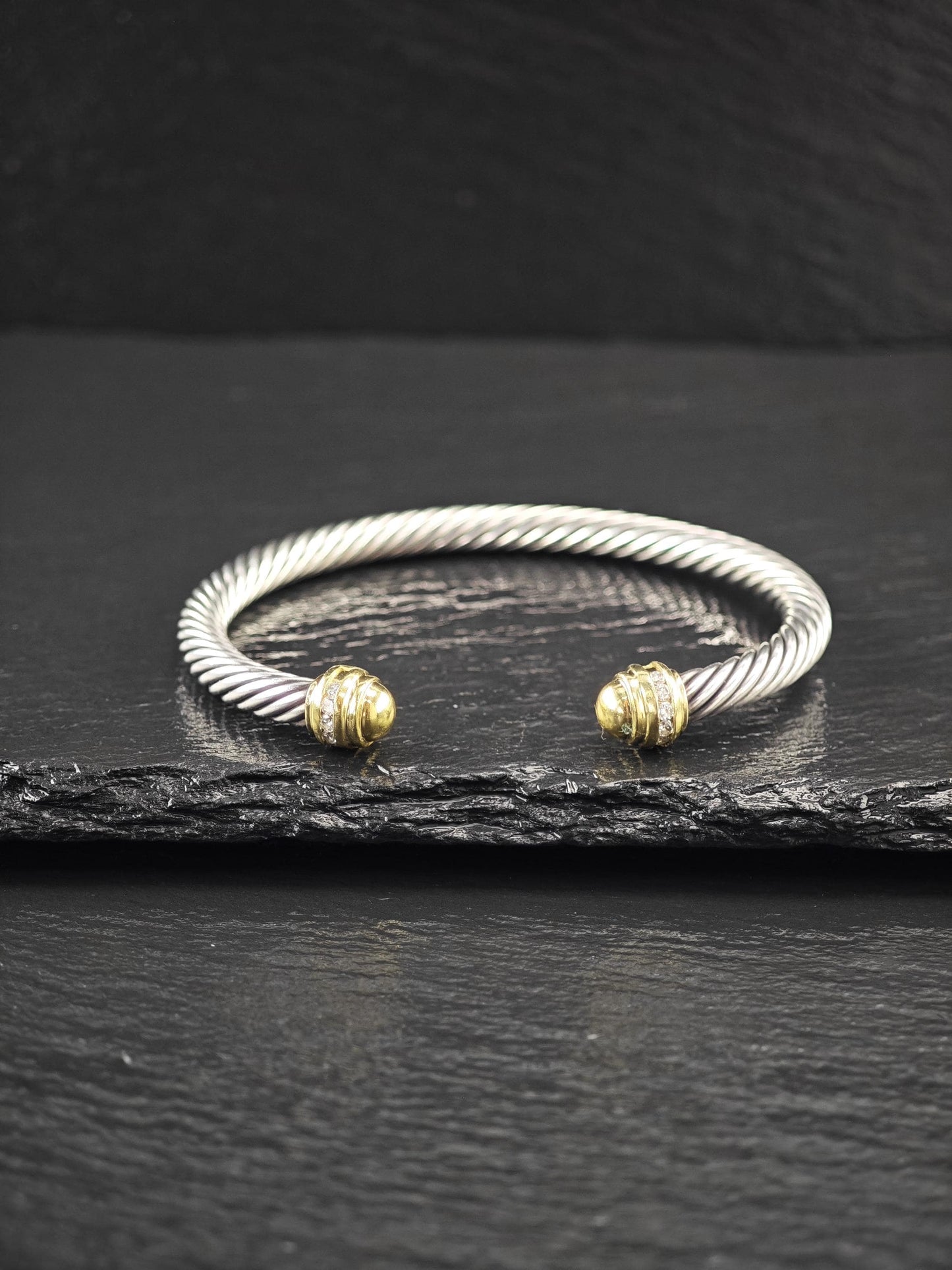 David Yurman 5mm, 18K Gold Accents, Diamond Cuff Bracelet Sterling Silver