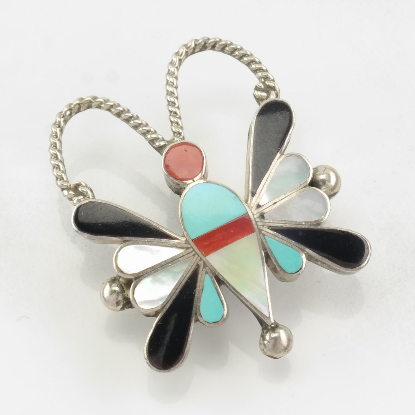 Native American Sterling Silver Brooch Pendant Inlay, Butterfly Coral, MOP, Turquoise, Jet