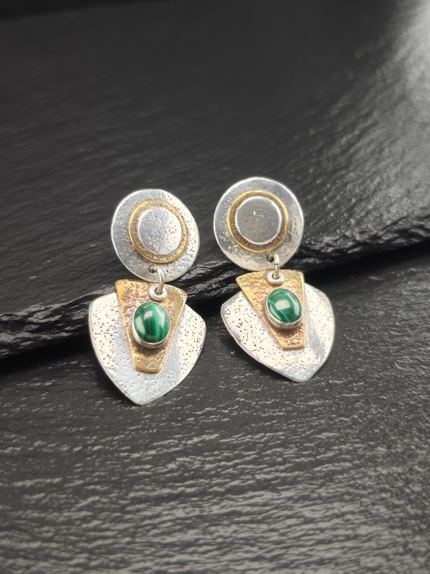Modernist Green, Gold Malachite Brass Stud/Dangle Earrings Sterling Silver