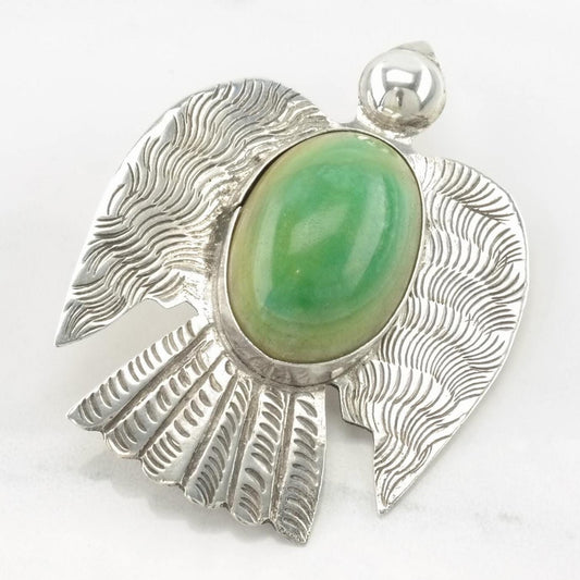 Mexico Sterling Silver Brooch Bird Green Guatemalan Jade