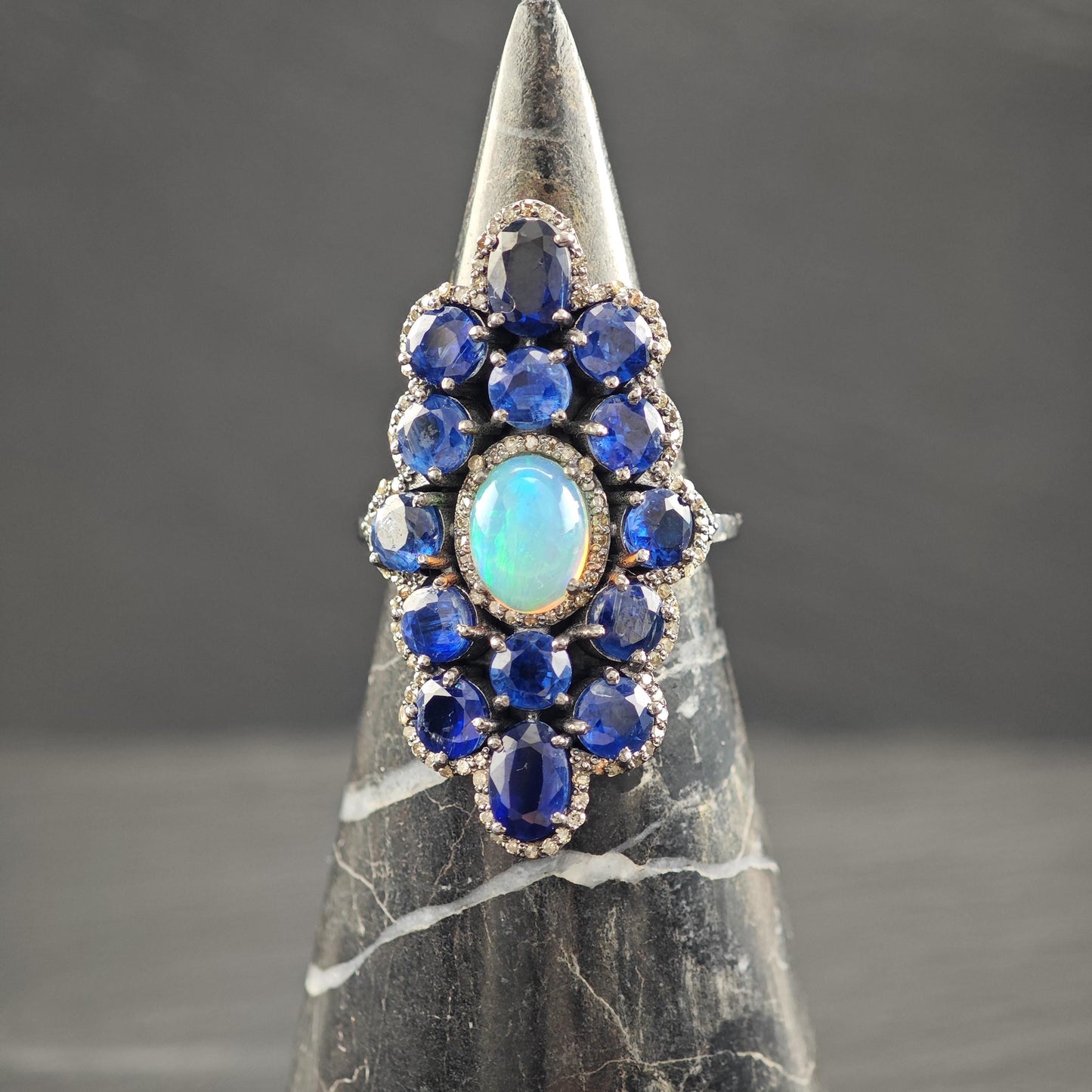 Oxidized Sterling Silver Diamond Sapphire, Opal Ring