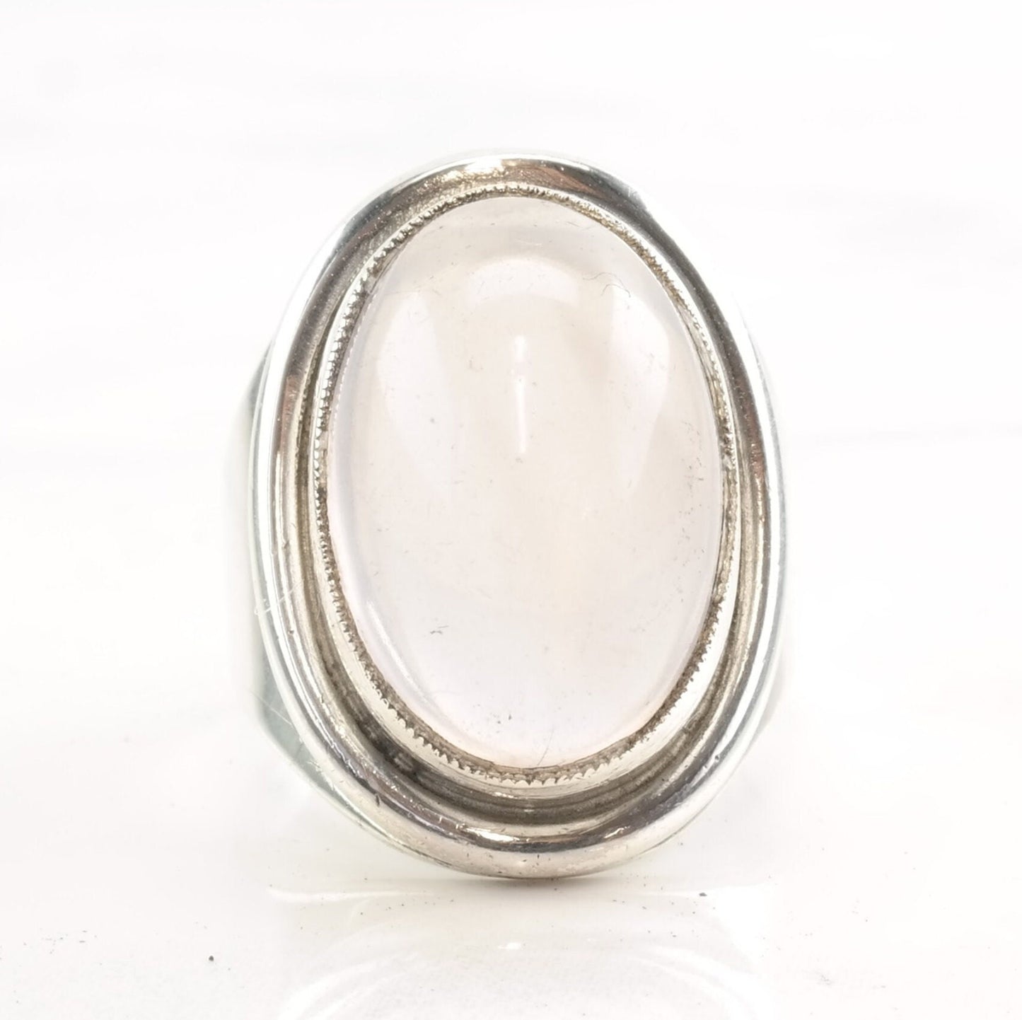 Vintage European Modernist Silver Ring Rose Quartz Size 6 3/4