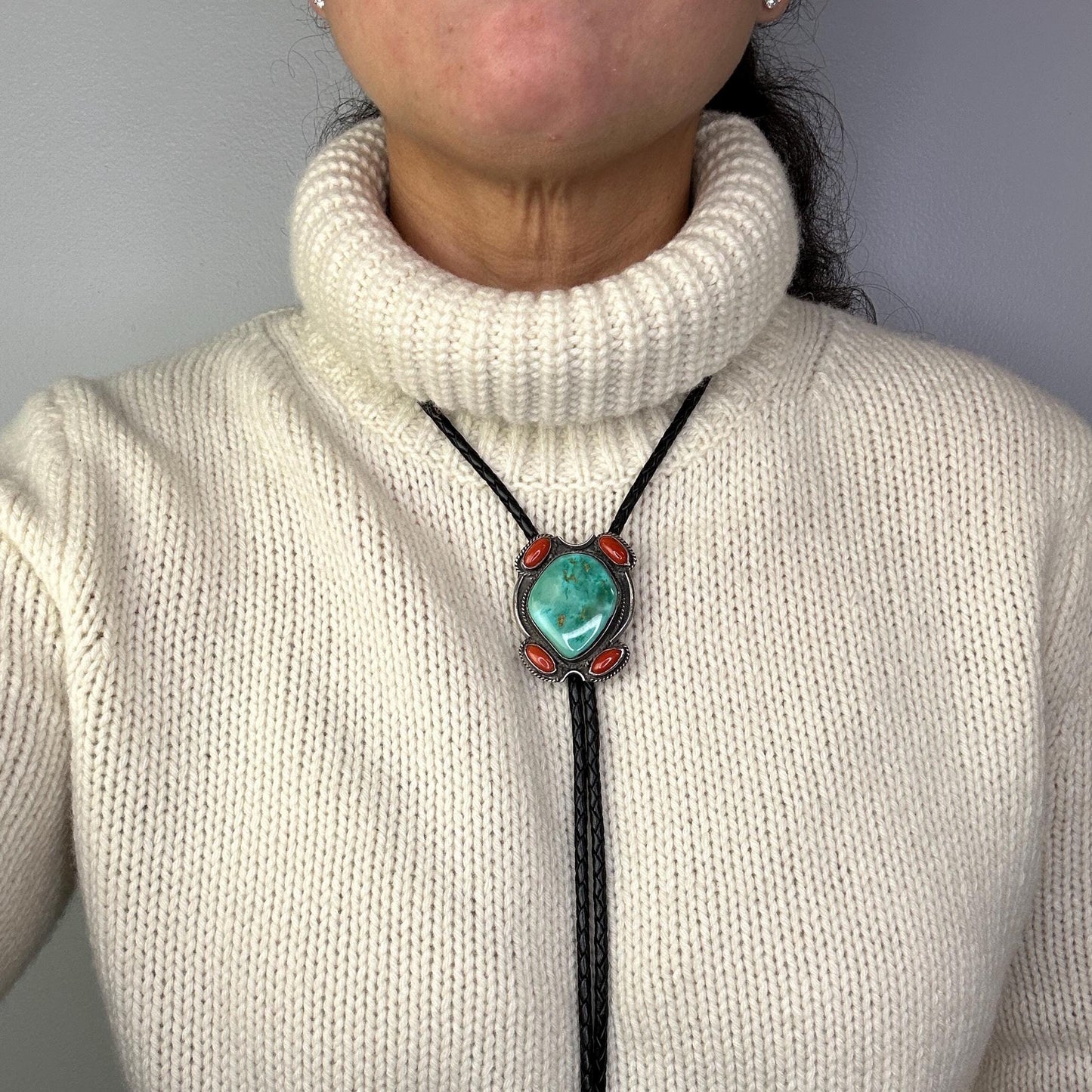 Native American Turquoise Coral Bolo Tie Sterling Silver Necklace