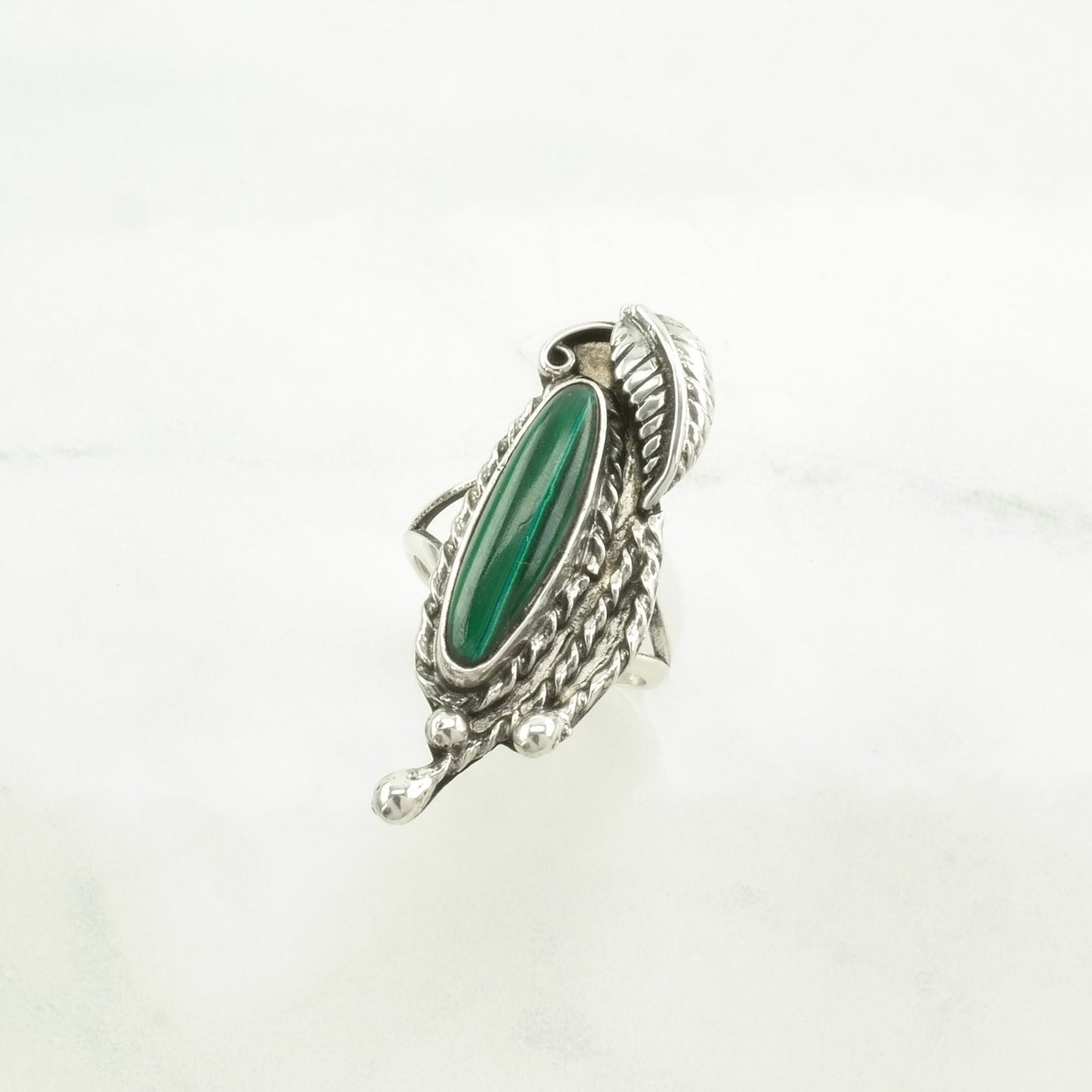 Southwest Silver Ring Malachite Leaf, Navette Sterling Green Size 6 3/4