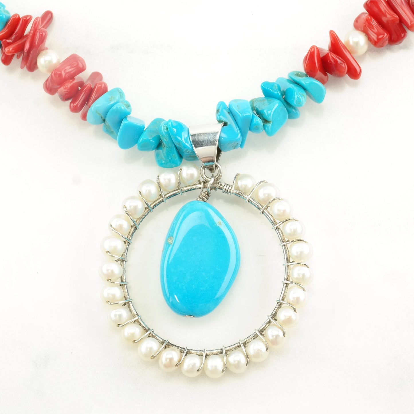 Sterling Silver Blue, Red Coral, Turquoise Pearl Necklace