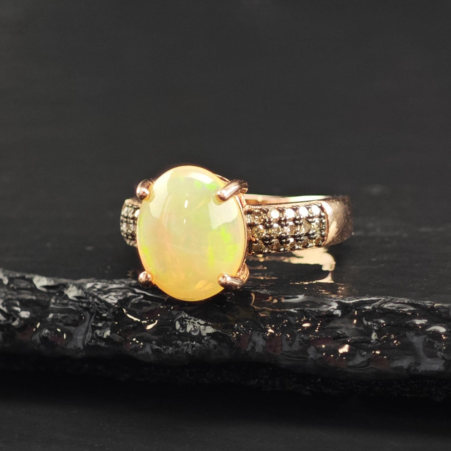 Natural Opal Brown Diamond Rose Gold Sterling Silver Ring Sz 5 R6575