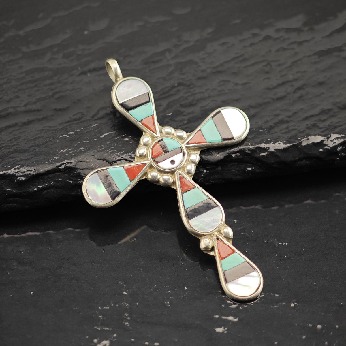 Zuni Sunface Multistone Inlay Cross Sterling Silver Pendant P3139