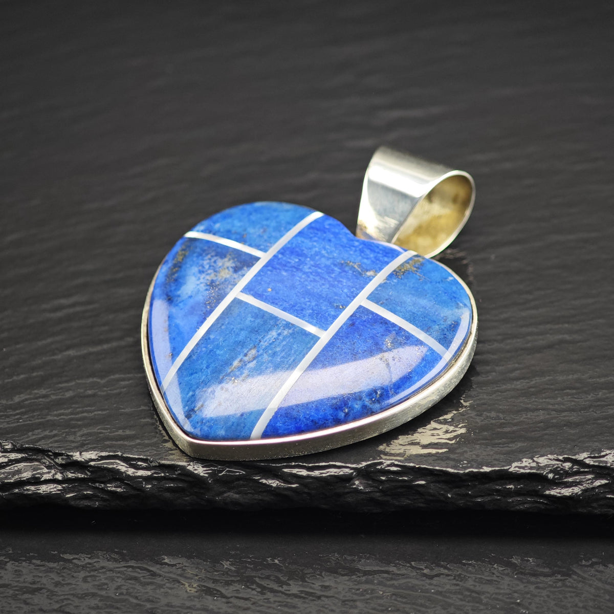Large DTR Lapis, MOP Inlay Heart Sterling Silver Pendant P3089