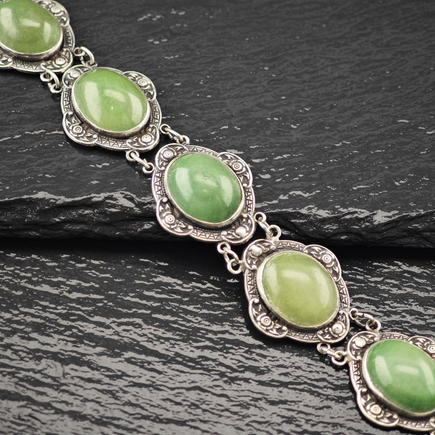 Antique Green Gemstone Cabochons Bracelet Sterling Silver Size 7 1/4"