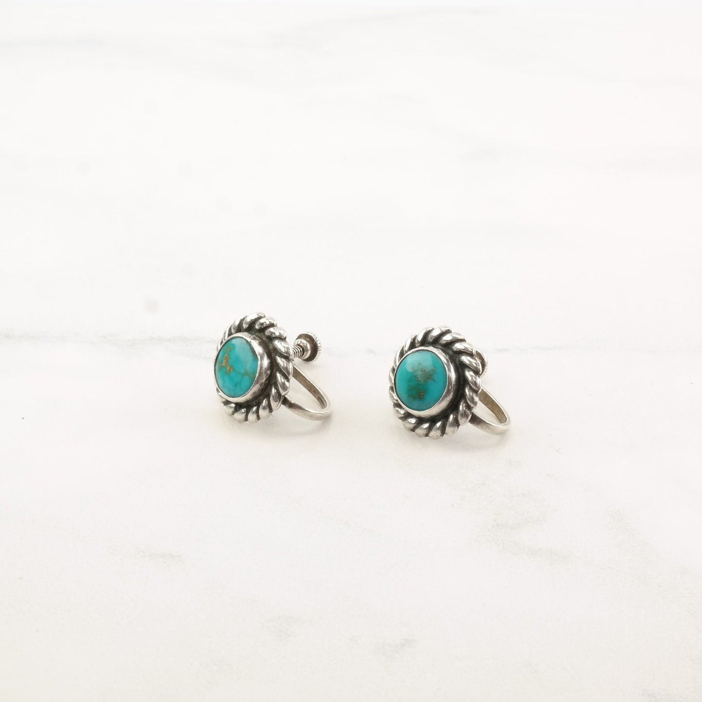 Native American Sterling Silver Blue Gem Turquoise Earrings Screw back