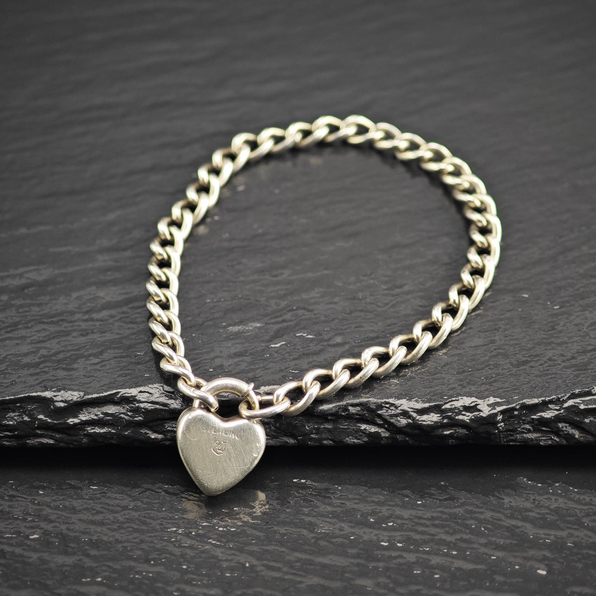 Antique Repousse Heart Lock Sterling Silver Bracelet Sz 6" BR3167