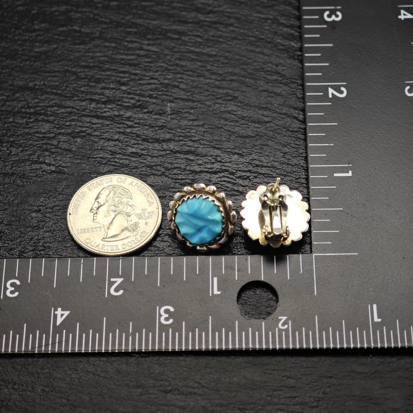 Vintage Zuni, Native American Carved Turquoise Stud/Clip On Sterling Silver Earrings ER3169