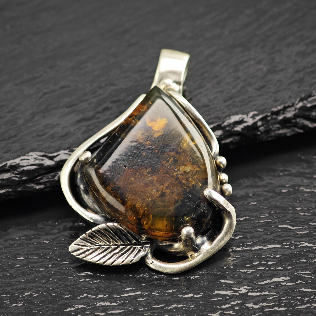 Amber Leaf Sterling Silver Pendant P3129