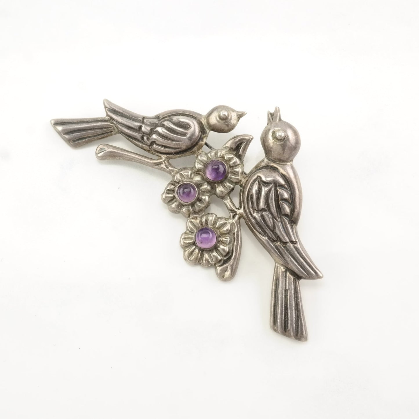 Vintage Taxco Sterling Silver Brooch Bird, Floral Purple Amethyst