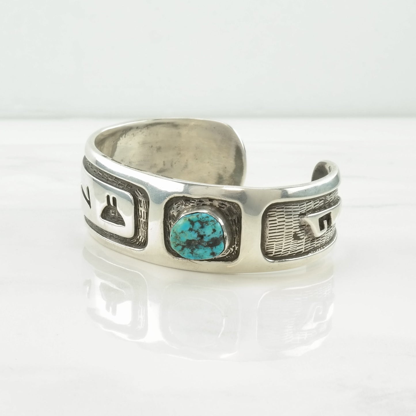 Hopi, Native American Sterling Silver Cuff Bracelet Blue Turquoise Asymmetrical, Overlay