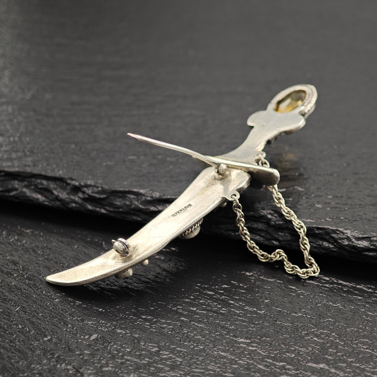 Handmade Sterling Silver Scimitar Brooch with Citrine Aquamarine Garnet Accents