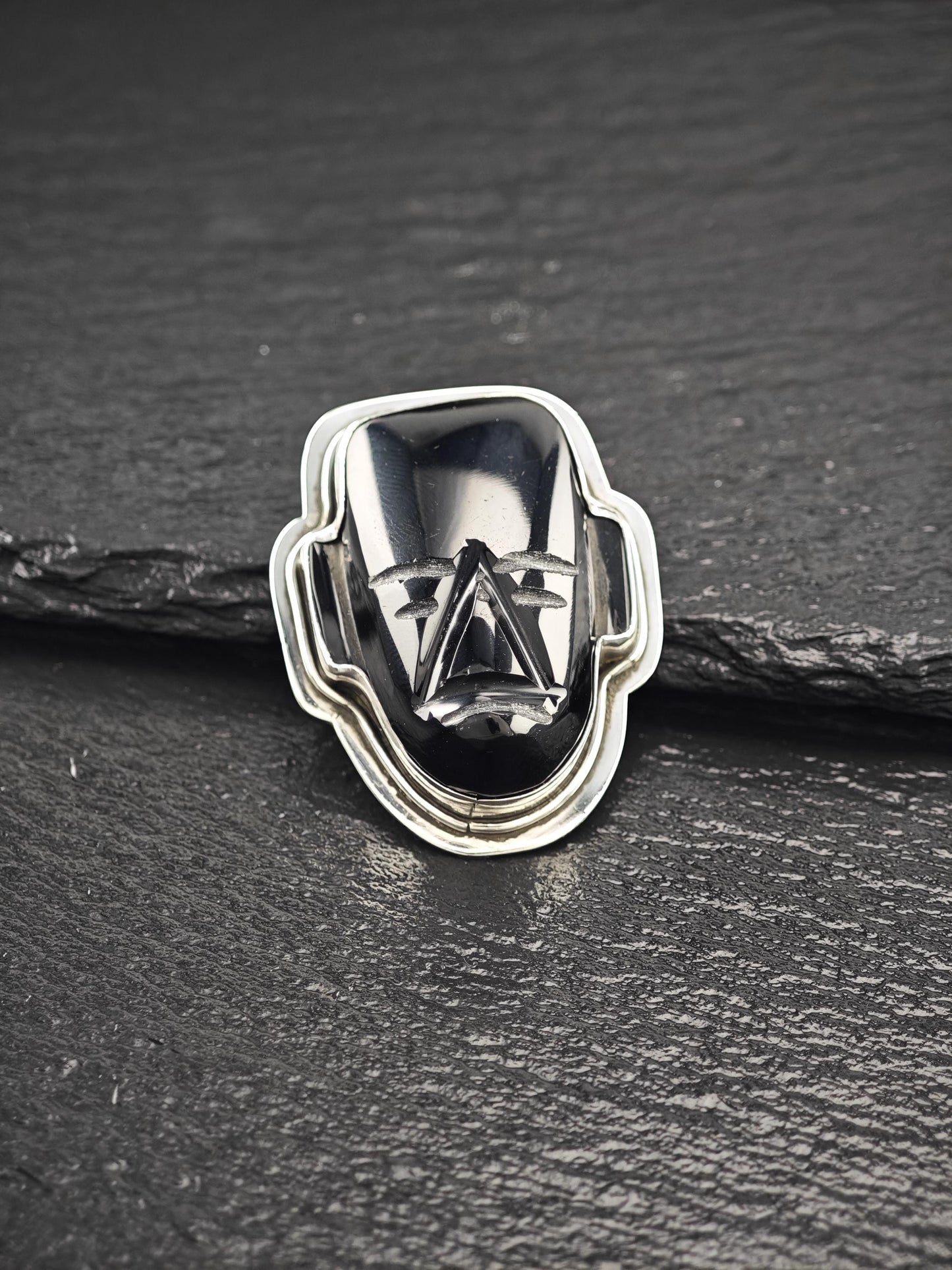 Vintage Carved Mask Brooch Sterling Silver