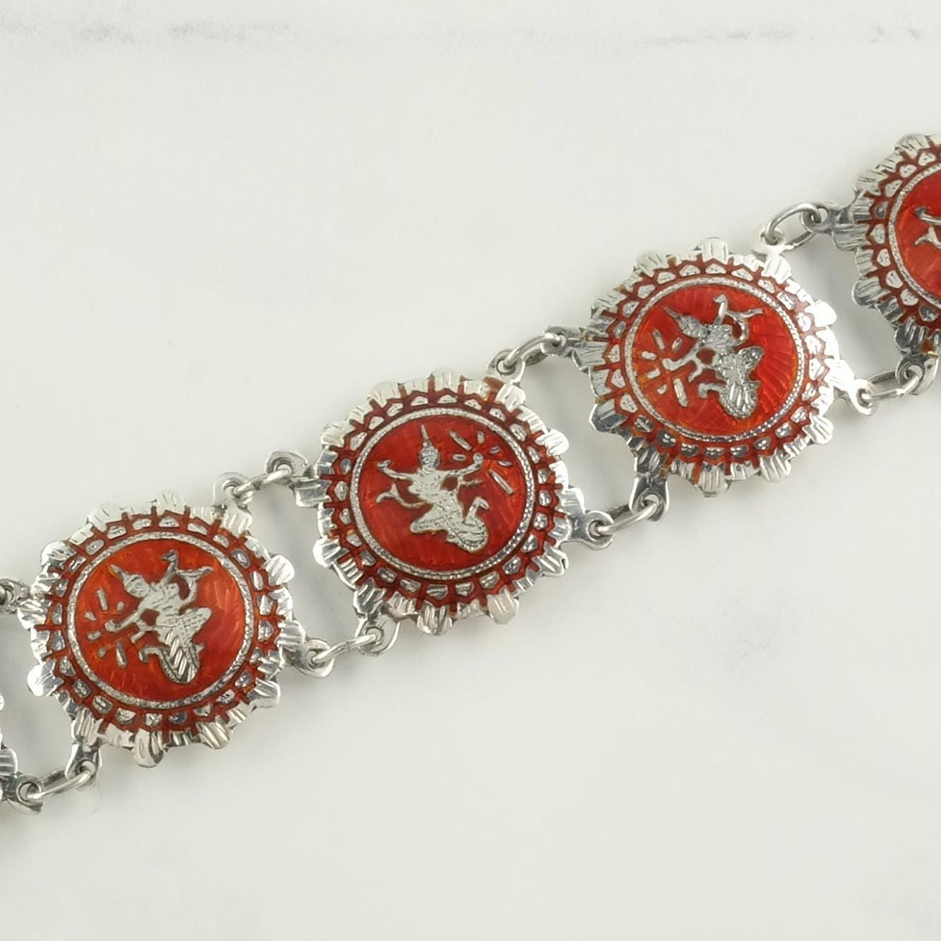 Vintage Red Niello Siam Bracelet Sterling Silver Link Enamel Dancer, Goddess