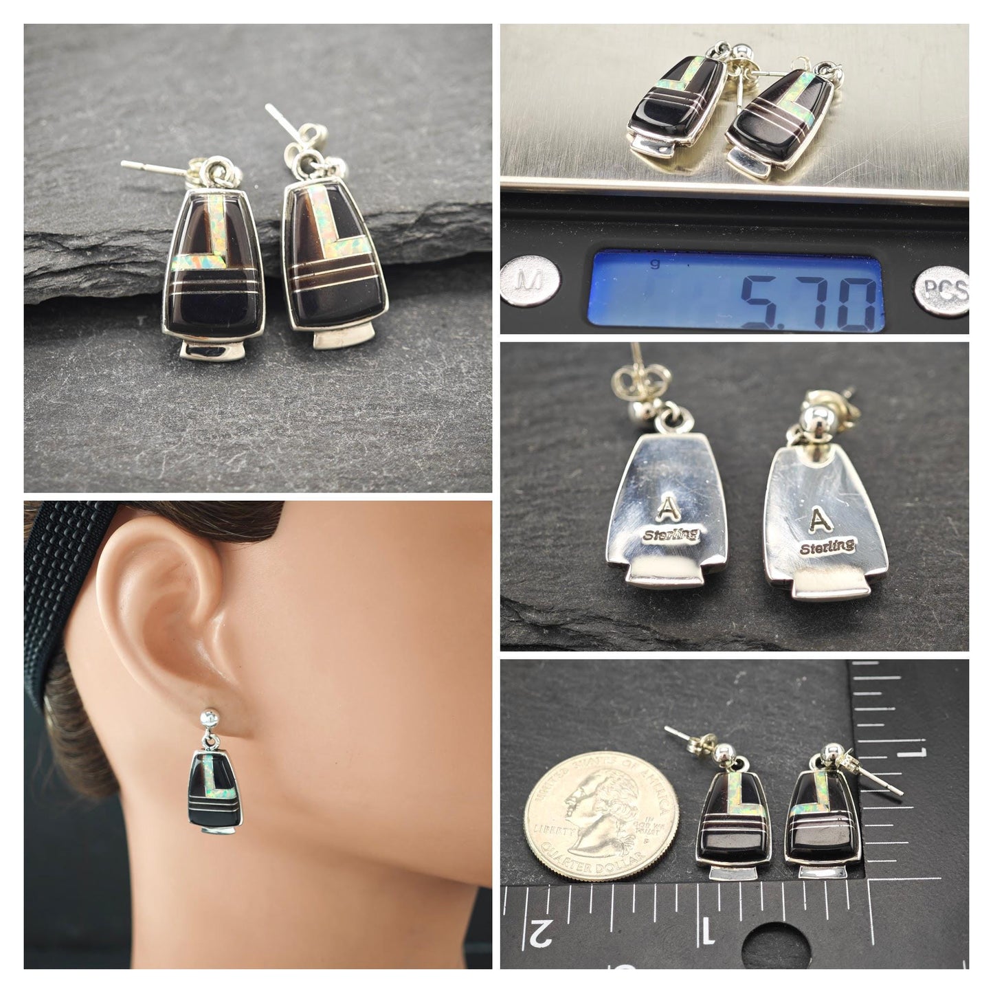 Choice of Southwest Inlay, Lab Opal Pierced Dangle Earrings Sterling Silver