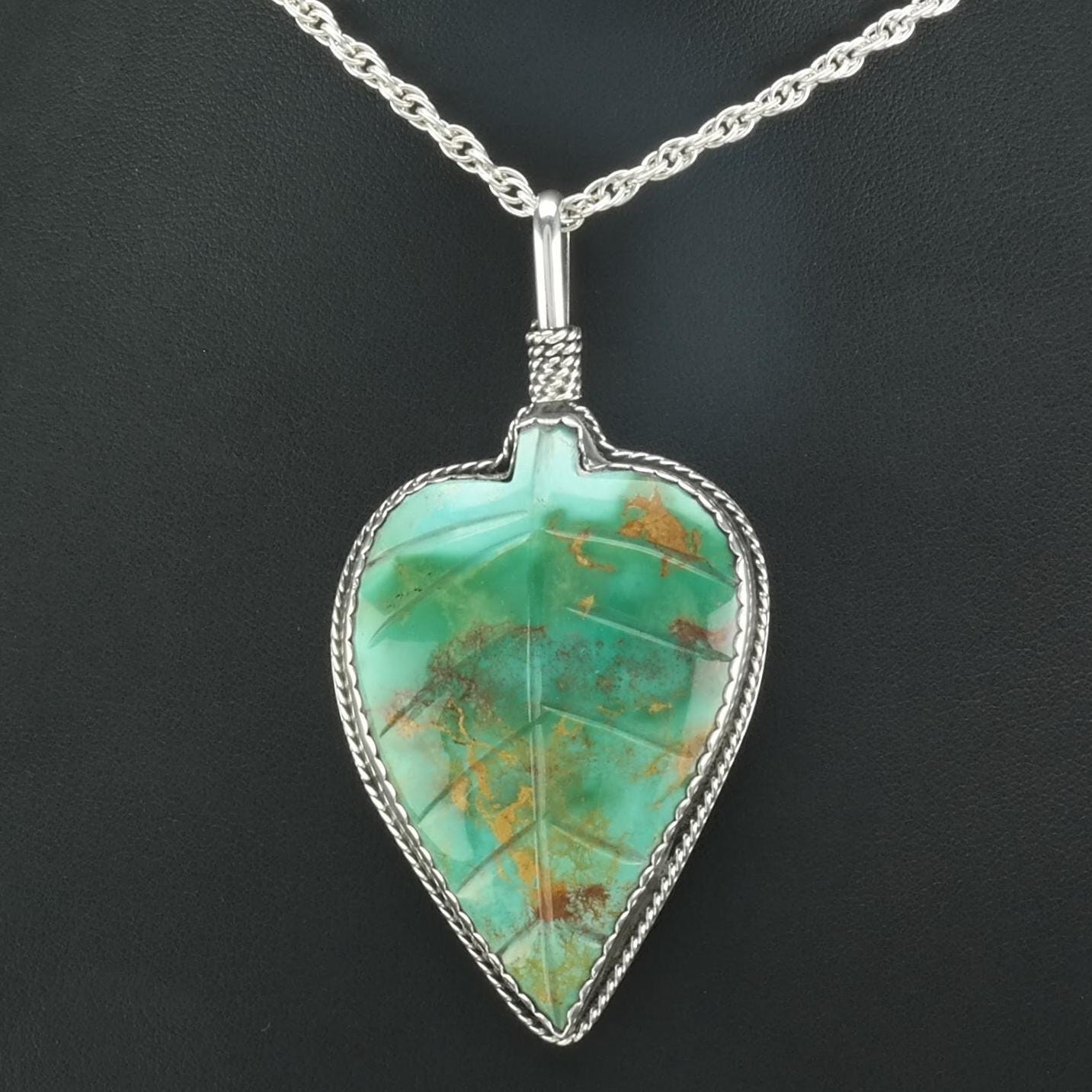 Carved Turquoise Leaf Native American Necklace Sterling Silver Royston