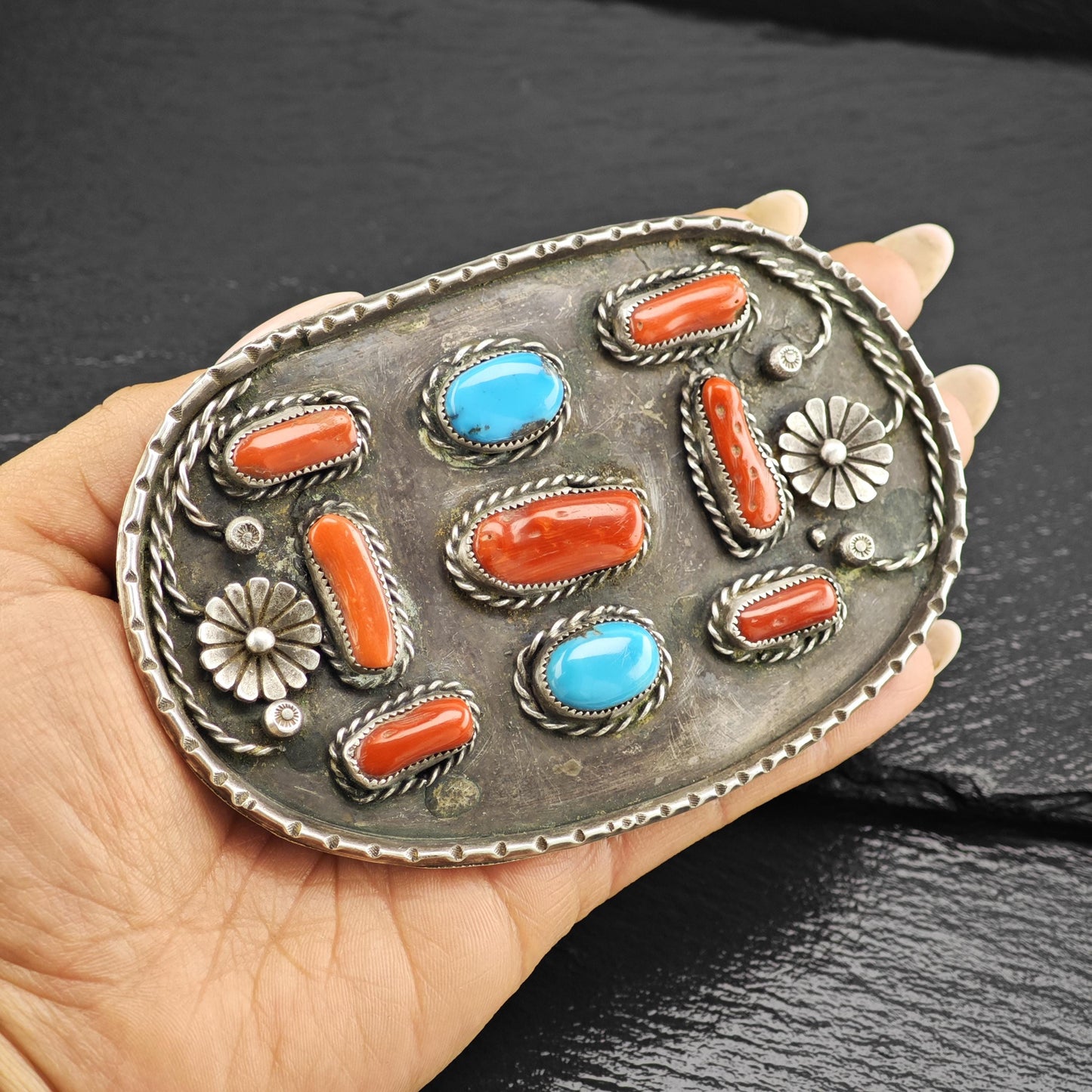 Large Sterling Silver Belt Buckle with Turquoise Coral Floral Design Native American Style