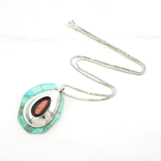 Native American Sterling Silver Blue, Red Turquoise, Coral Shadowbox, Cobblestone Inlay Necklace