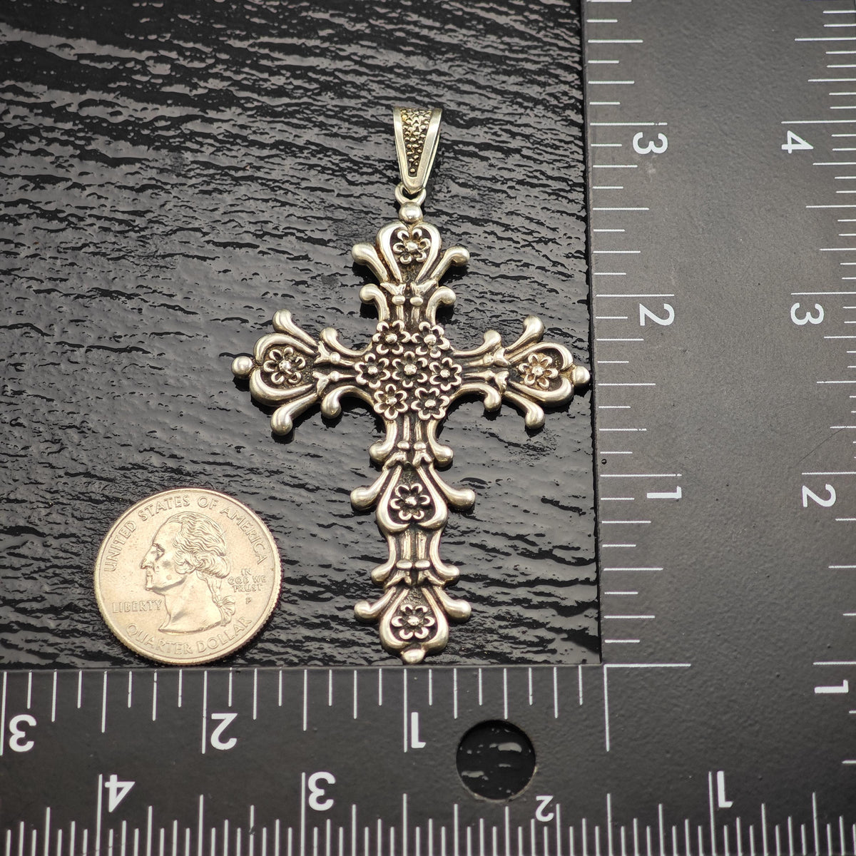 Taxco Floral Cross Sterling Silver Pendant P3138