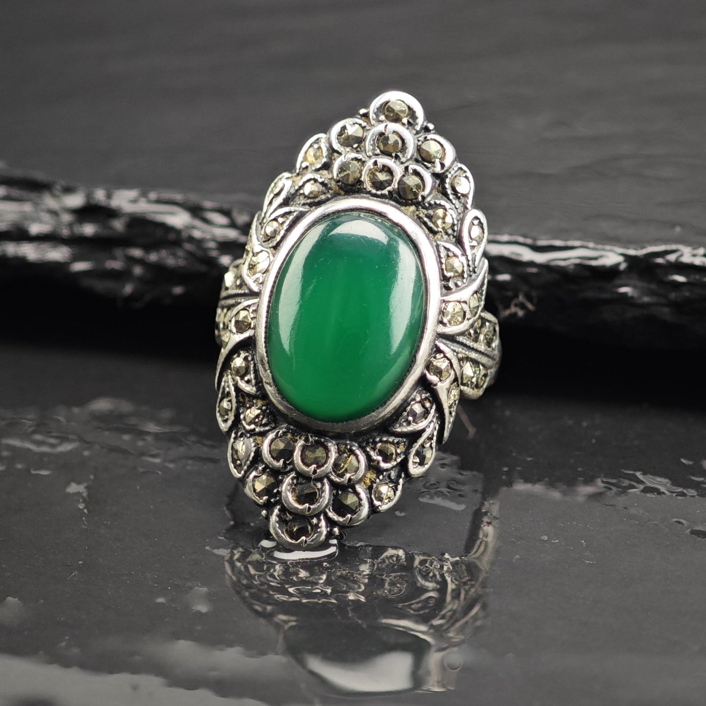 Art Deco Chrysoprase Sterling Silver Ring Sz 6 3/4 R6708