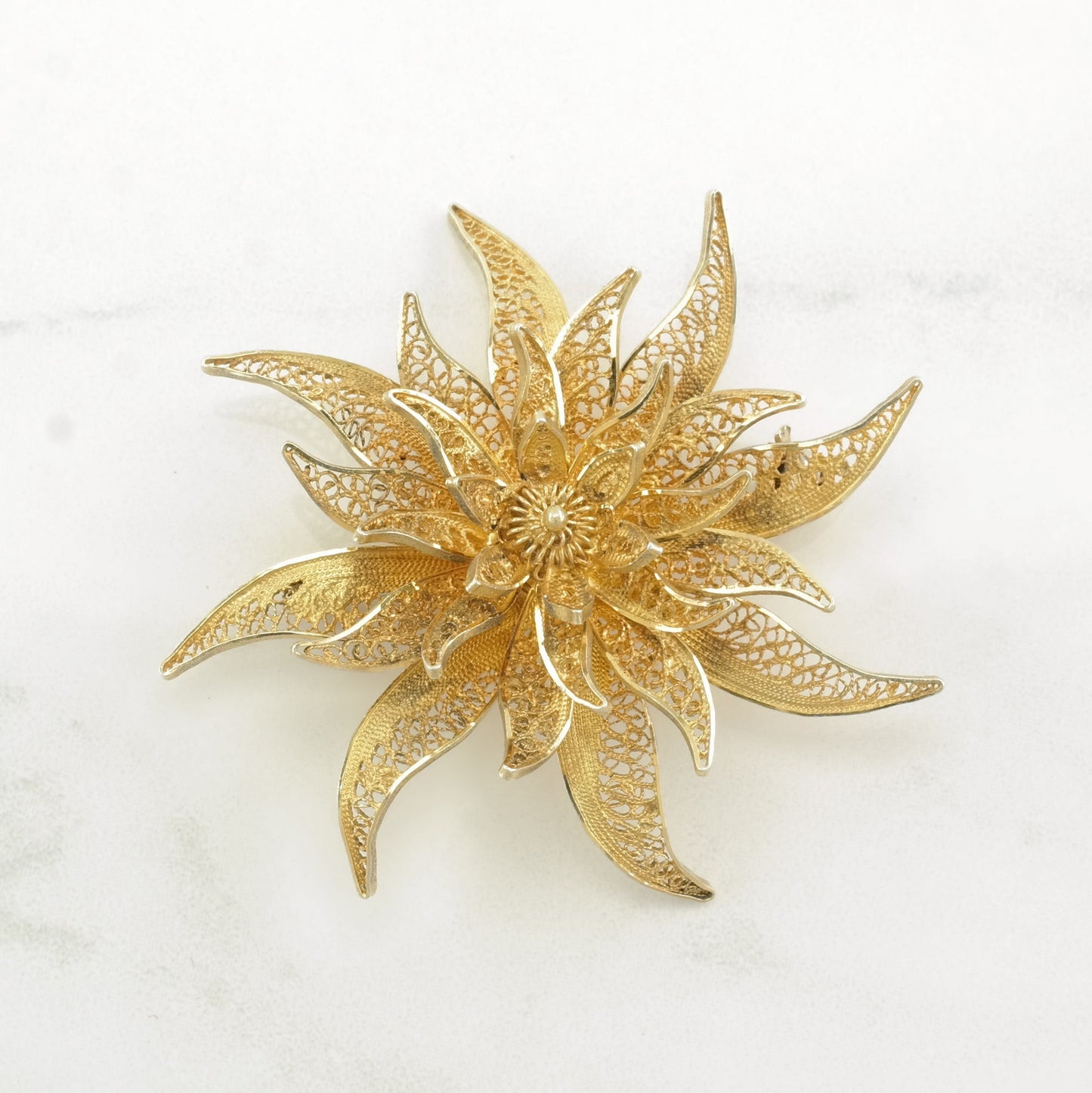 Silver Brooch Gold Tone Flower, Filigree Sterling