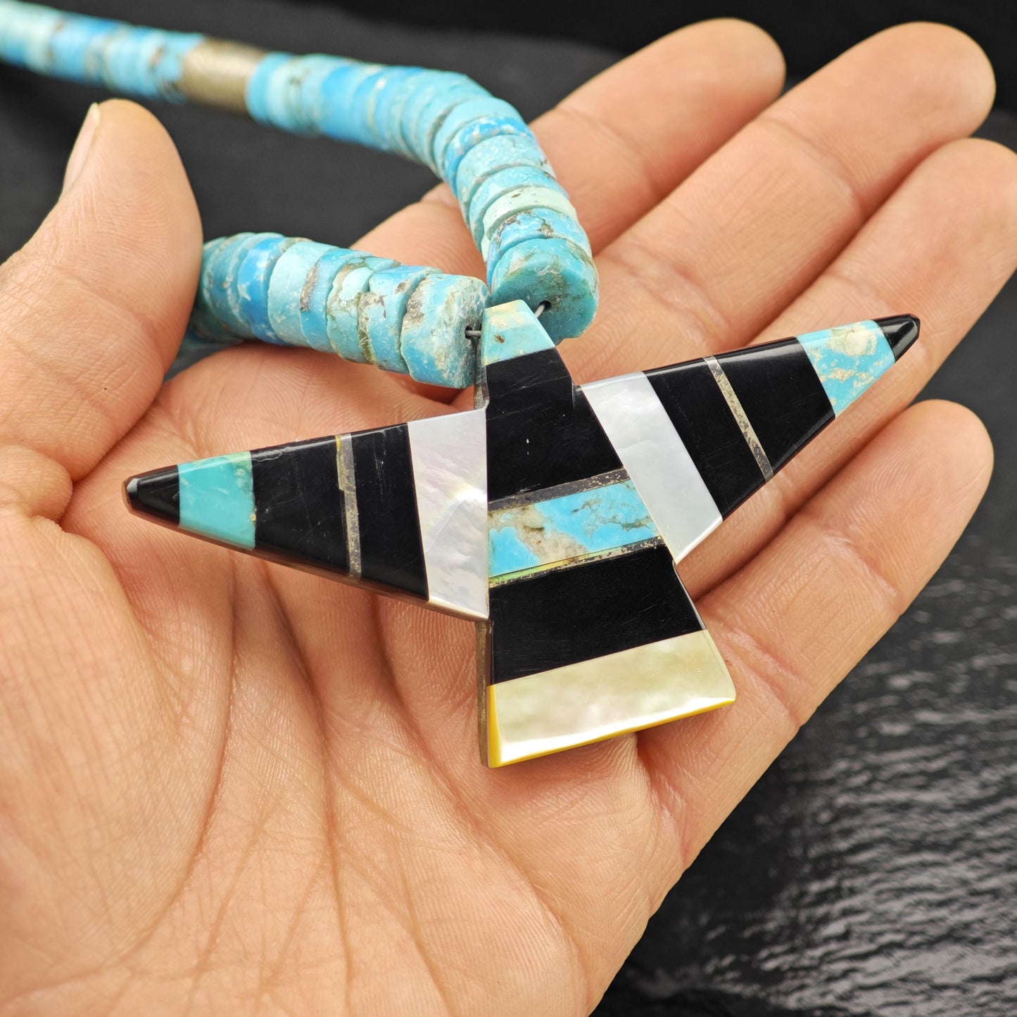 Native American Style Heishi Necklace Turquoise Onyx Graduated Beads 4.9-10.5mm N2665